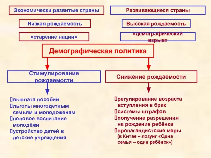 Экономически развитые страны Развивающиеся страны Высокая рождаемость Низкая рождаемость «старение нации»