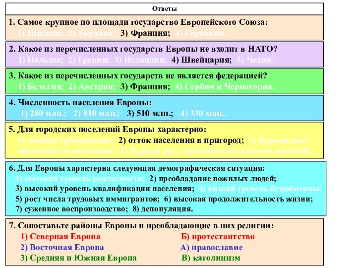 Ответы 1. Самое крупное по площади государство Европейского Союза: 1) Швеция;