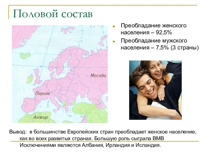 Половой состав Вывод: в большинстве Европейских стран преобладает женское население, как