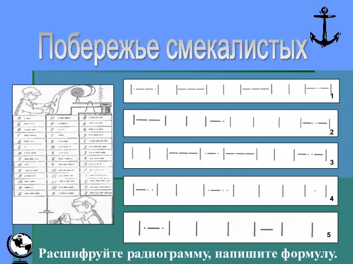 Побережье смекалистых 1 2 3 4 5 Расшифруйте радиограмму, напишите формулу.