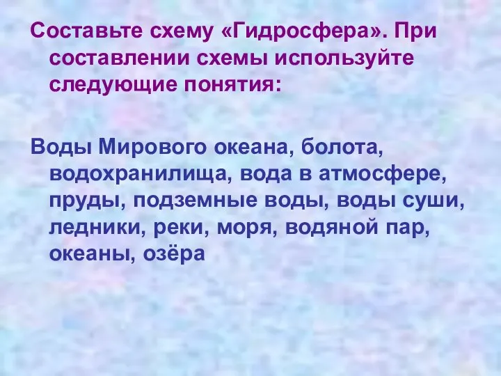 Составьте схему «Гидросфера». При составлении схемы используйте следующие понятия: Воды Мирового