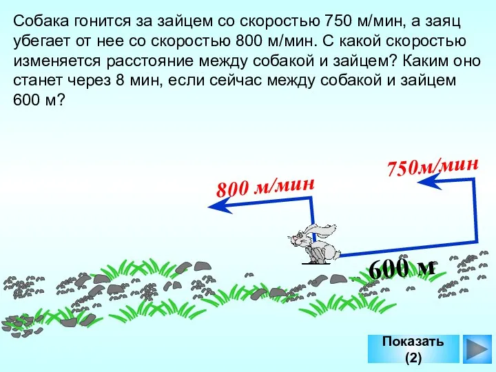 Показать (2) 600 м 800 м/мин 750м/мин Собака гонится за зайцем