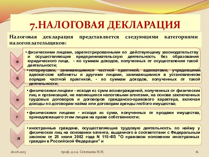 7.НАЛОГОВАЯ ДЕКЛАРАЦИЯ Налоговая декларация представляется следующими категориями налогоплательщиков: проф. д.э.н. Селезнева Н.Н.