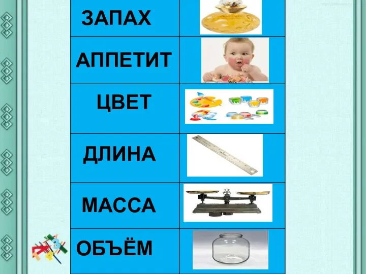 ЗАПАХ ЦВЕТ АППЕТИТ ДЛИНА МАССА ОБЪЁМ