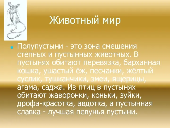 Полупустыни - это зона смешения степных и пустынных животных. В пустынях