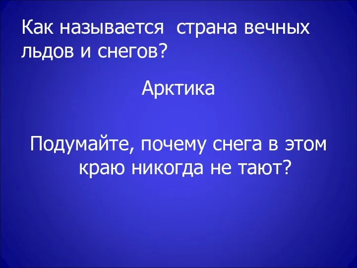 Как называется страна вечных льдов и снегов? Арктика Подумайте, почему снега