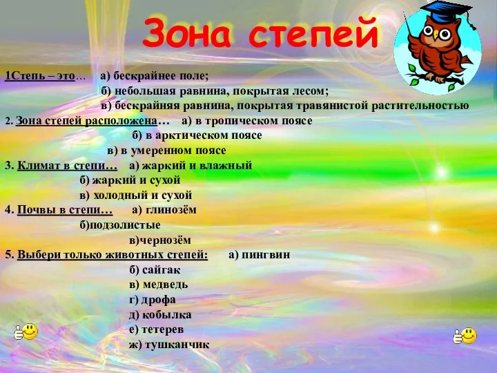 Зона степей 1Степь – это… а) бескрайнее поле; б) небольшая равнина,