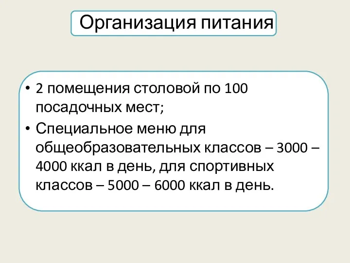 Организация питания 2 помещения столовой по 100 посадочных мест; Специальное меню