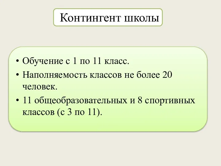 Контингент школы Обучение с 1 по 11 класс. Наполняемость классов не