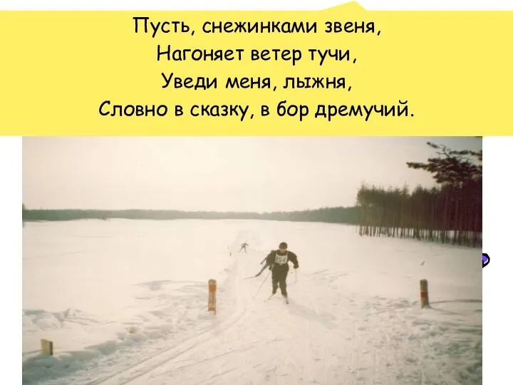 Пусть, снежинками звеня, Нагоняет ветер тучи, Уведи меня, лыжня, Словно в сказку, в бор дремучий.