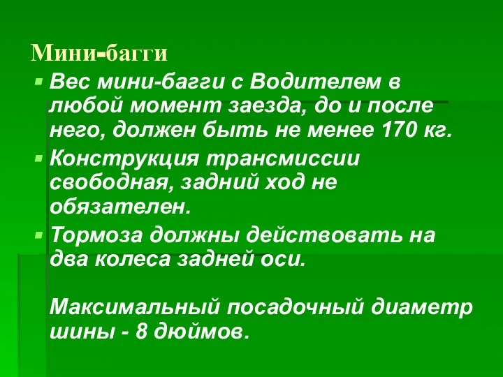 Мини-багги Вес мини-багги с Водителем в любой момент заезда, до и