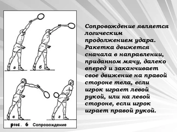 Сопровождение является логическим продолжением удара. Ракетка движется сначала в направлении, приданном