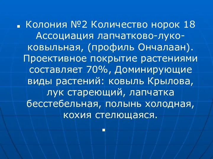 Колония №2 Количество норок 18 Ассоциация лапчатково-луко-ковыльная, (профиль Ончалаан). Проективное покрытие