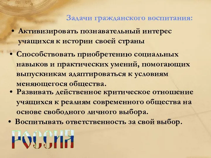 Активизировать познавательный интерес учащихся к истории своей страны Задачи гражданского воспитания: