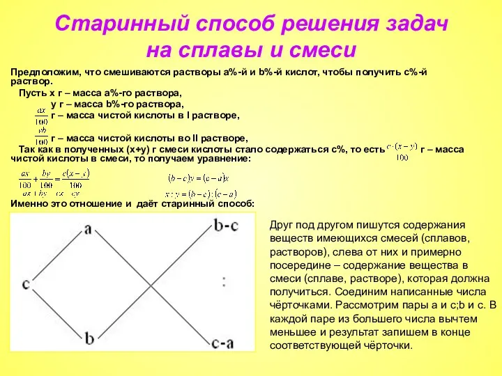 Старинный способ решения задач на сплавы и смеси Предположим, что смешиваются