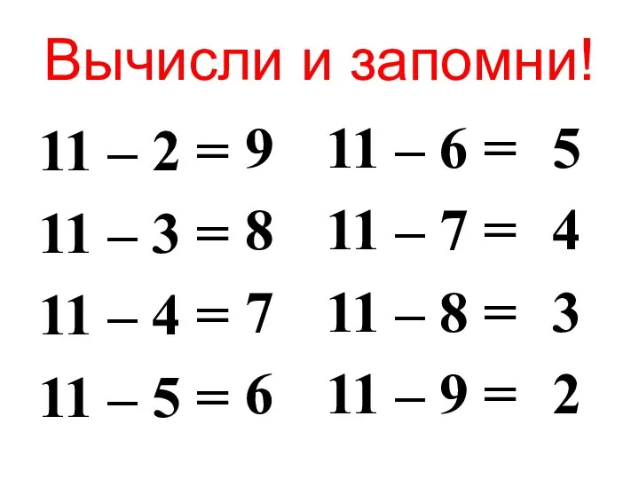 Вычисли и запомни! 11 – 2 = 11 – 3 =