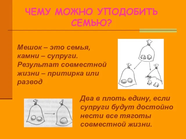 ЧЕМУ МОЖНО УПОДОБИТЬ СЕМЬЮ? Мешок – это семья, камни – супруги.