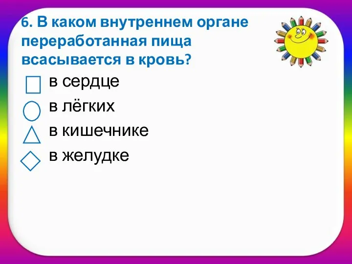 6. В каком внутреннем органе переработанная пища всасывается в кровь? в