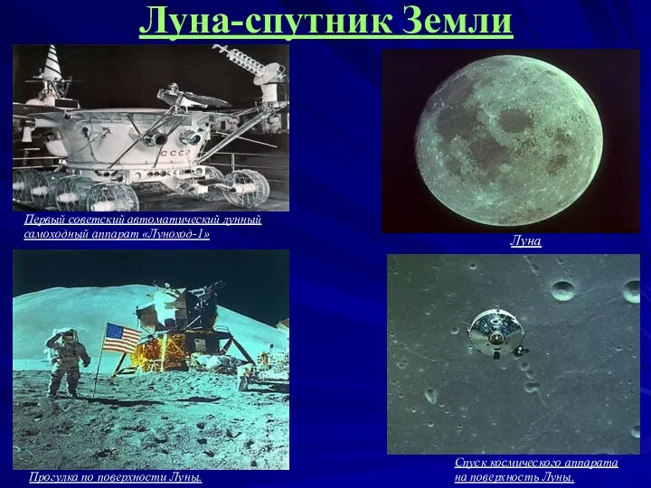 Луна-спутник Земли Спуск космического аппарата на поверхность Луны. Прогулка по поверхности