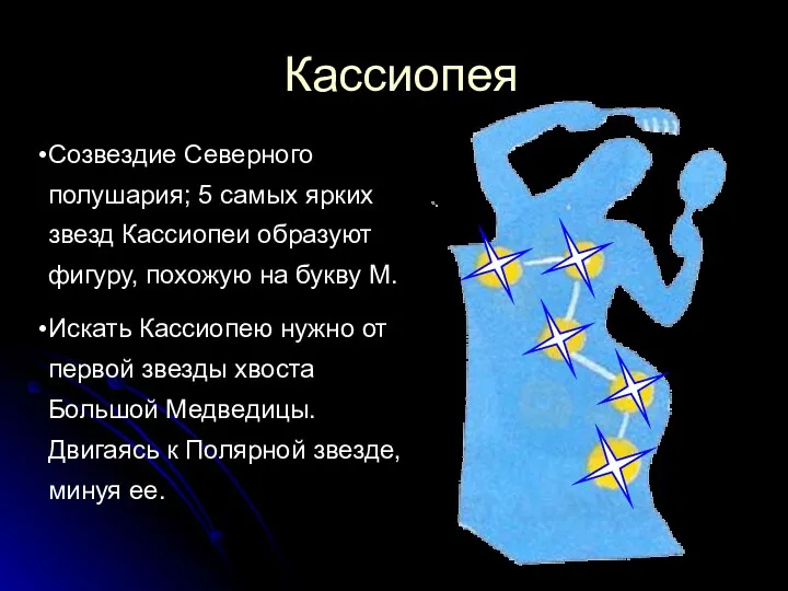 Кассиопея Созвездие Северного полушария; 5 самых ярких звезд Кассиопеи образуют фигуру,