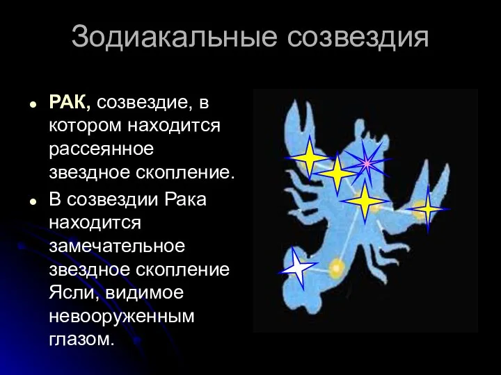 Зодиакальные созвездия РАК, созвездие, в котором находится рассеянное звездное скопление. В