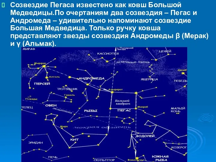 Созвездие Пегаса известено как ковш Большой Медведицы.По очертаниям два созвездия –