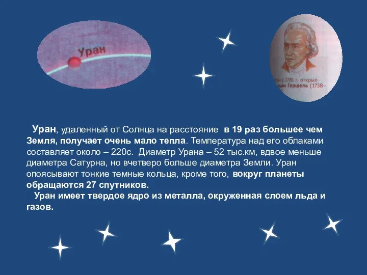 Уран, удаленный от Солнца на расстояние в 19 раз большее чем