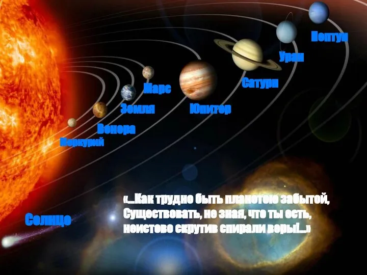 Солнце Меркурий Венера Земля Марс Юпитер Сатурн Уран Нептун «…Как трудно