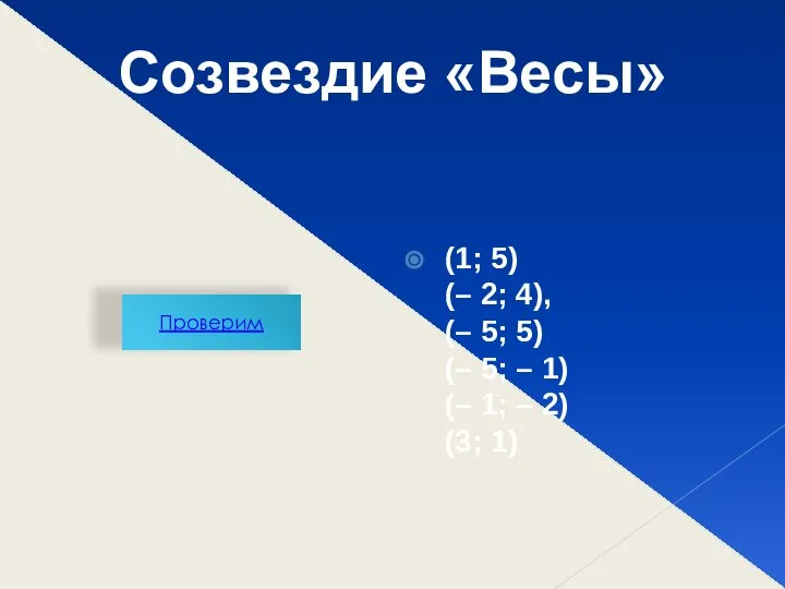 Проверим Созвездие «Весы» (1; 5) (– 2; 4), (– 5; 5)