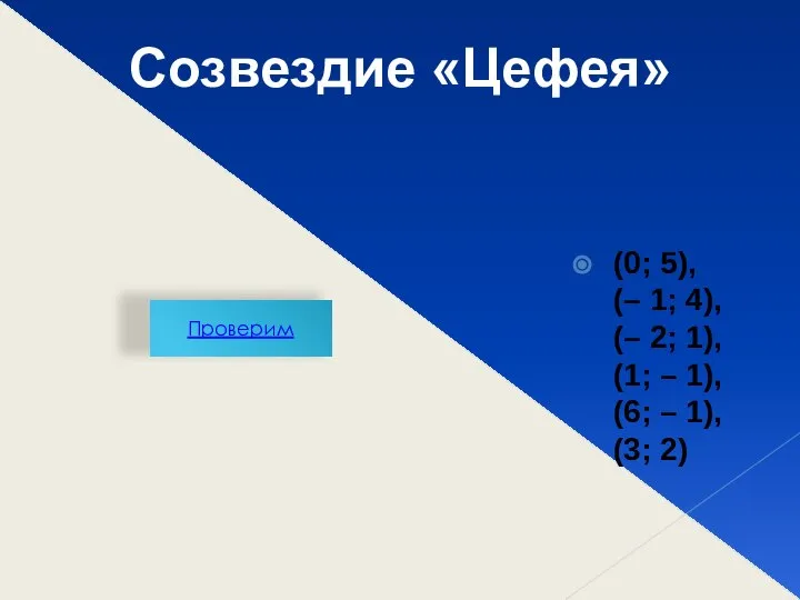 Проверим Созвездие «Цефея» (0; 5), (– 1; 4), (– 2; 1),