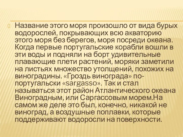 Название этого моря произошло от вида бурых водорослей, покрывающих всю акваторию