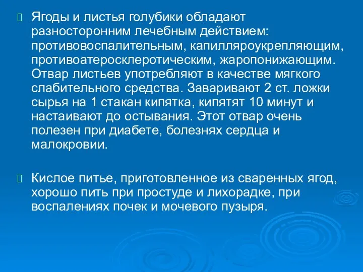 Ягоды и листья голубики обладают разносторонним лечебным действием: противовоспалительным, капилляроукрепляющим, противоатеросклеротическим,