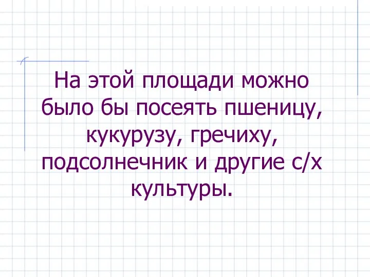 На этой площади можно было бы посеять пшеницу, кукурузу, гречиху, подсолнечник и другие с/х культуры.