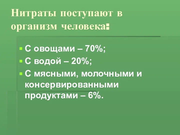 Нитраты поступают в организм человека: С овощами – 70%; С водой