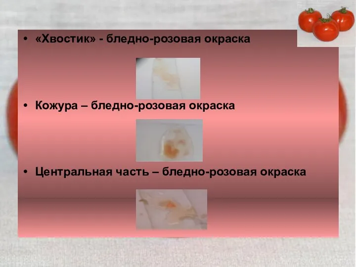 «Хвостик» - бледно-розовая окраска Кожура – бледно-розовая окраска Центральная часть – бледно-розовая окраска