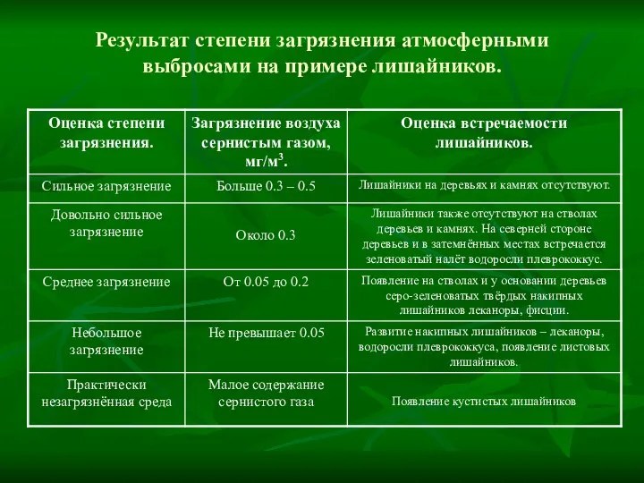 Результат степени загрязнения атмосферными выбросами на примере лишайников.