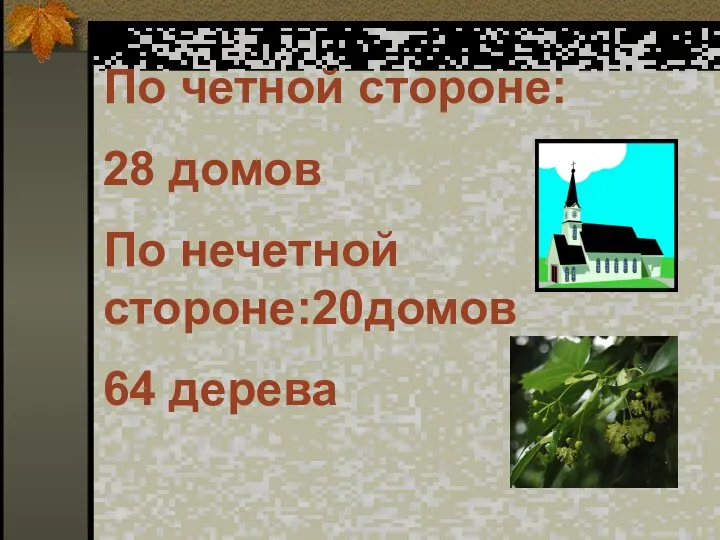 По четной стороне: 28 домов По нечетной стороне:20домов 64 дерева