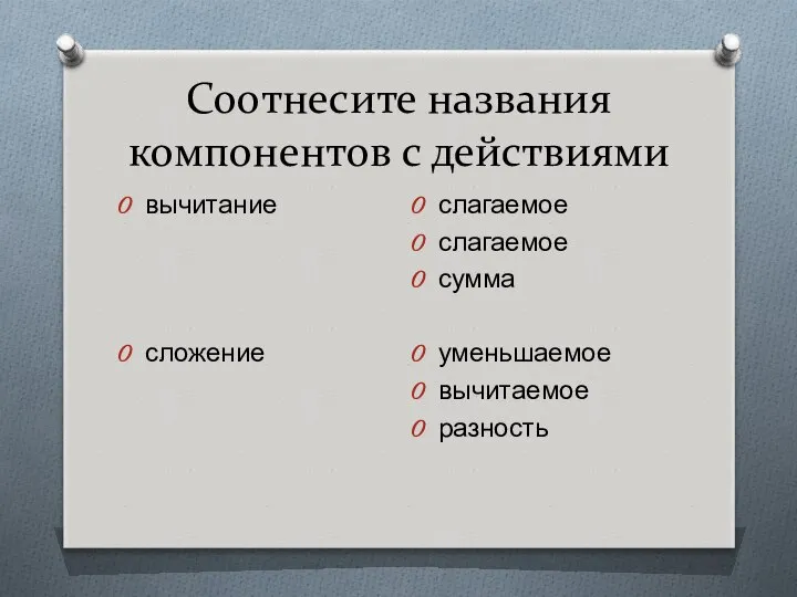 Соотнесите названия компонентов с действиями вычитание сложение слагаемое слагаемое сумма уменьшаемое вычитаемое разность