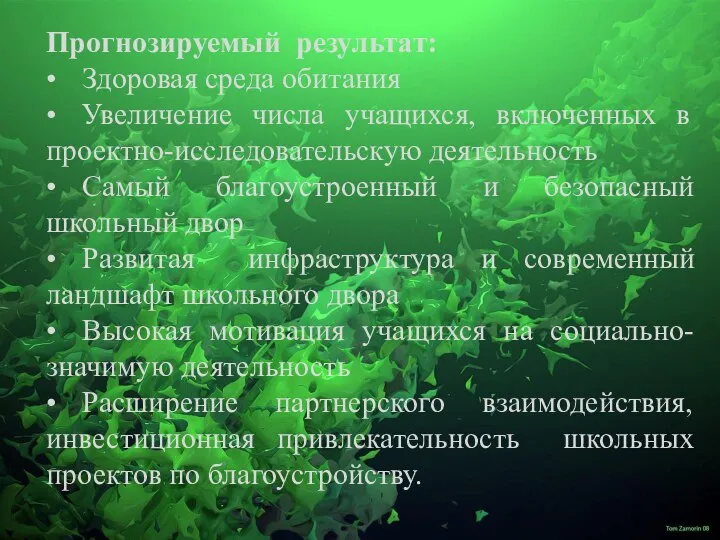 Прогнозируемый результат: • Здоровая среда обитания • Увеличение числа учащихся, включенных