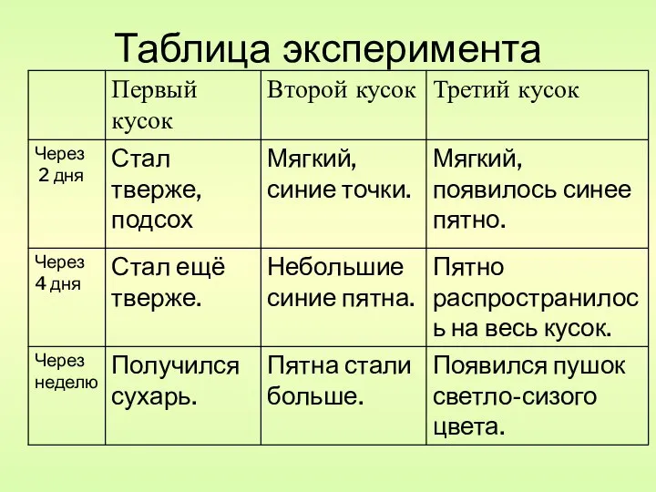 Таблица эксперимента