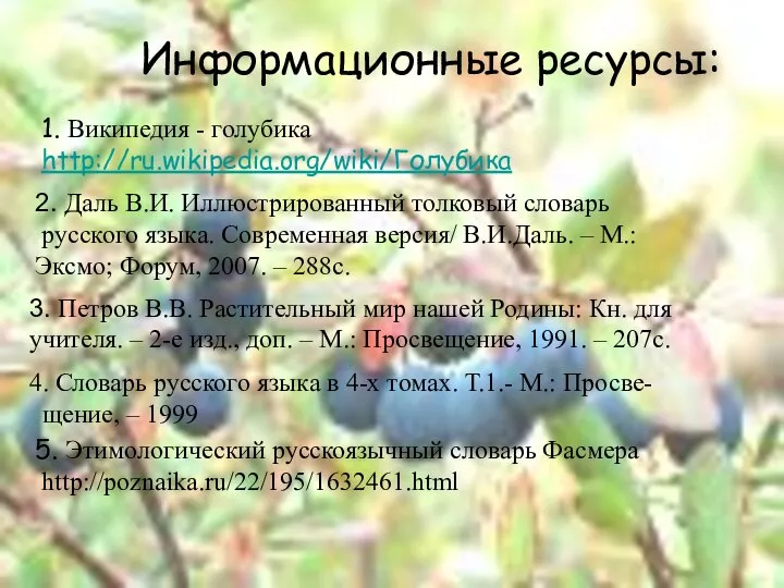 Информационные ресурсы: 1. Википедия - голубика http://ru.wikipedia.org/wiki/Голубика 5. Этимологический русскоязычный словарь