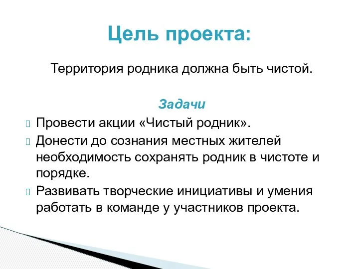 Цель проекта: Территория родника должна быть чистой. Задачи Провести акции «Чистый