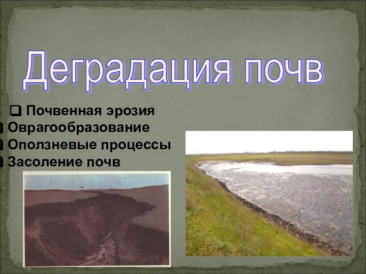 Деградация почв Почвенная эрозия Оврагообразование Оползневые процессы Засоление почв