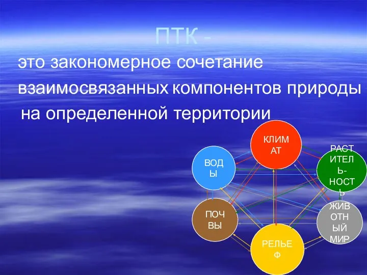 ПТК - это закономерное сочетание взаимосвязанных на определенной территории компонентов природы