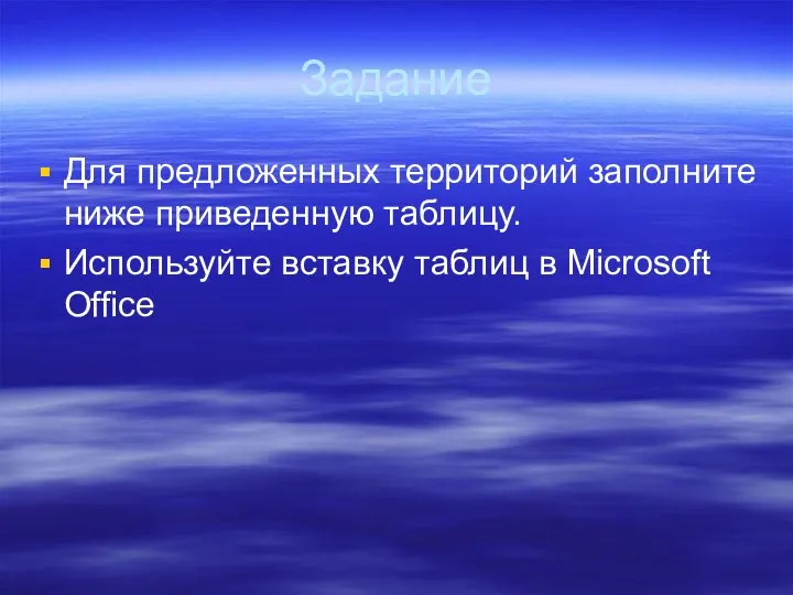 Задание Для предложенных территорий заполните ниже приведенную таблицу. Используйте вставку таблиц в Microsoft Office