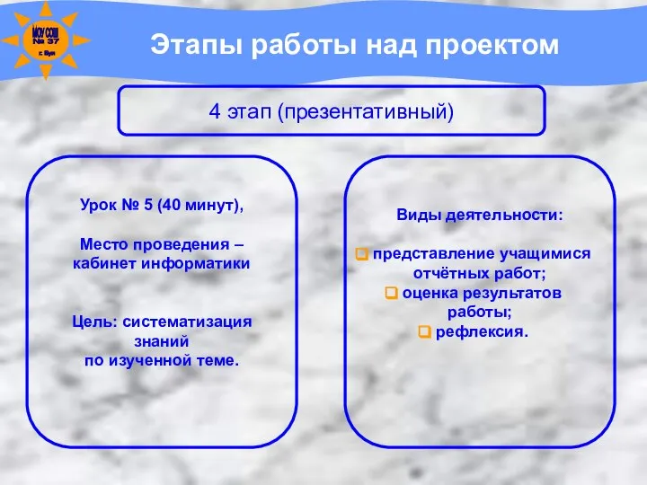 Этапы работы над проектом 4 этап (презентативный) Урок № 5 (40