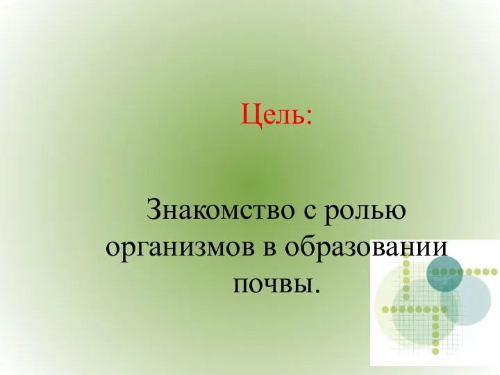 Цель: Знакомство с ролью организмов в образовании почвы.