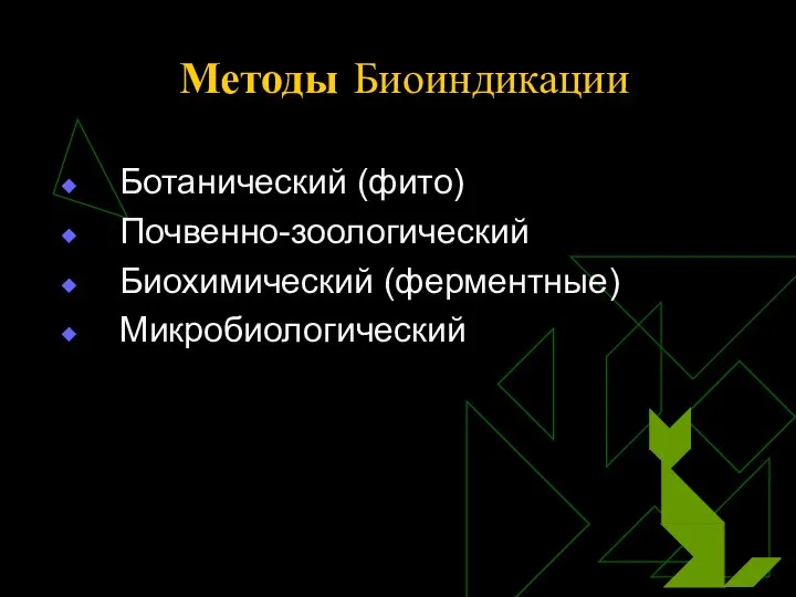 Методы Биоиндикации Ботанический (фито) Почвенно-зоологический Биохимический (ферментные) Микробиологический