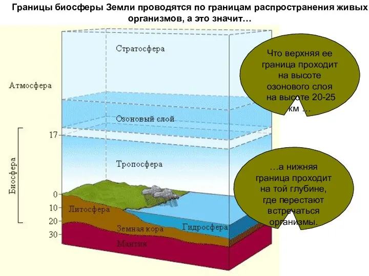 Границы биосферы Земли проводятся по границам распространения живых организмов, а это