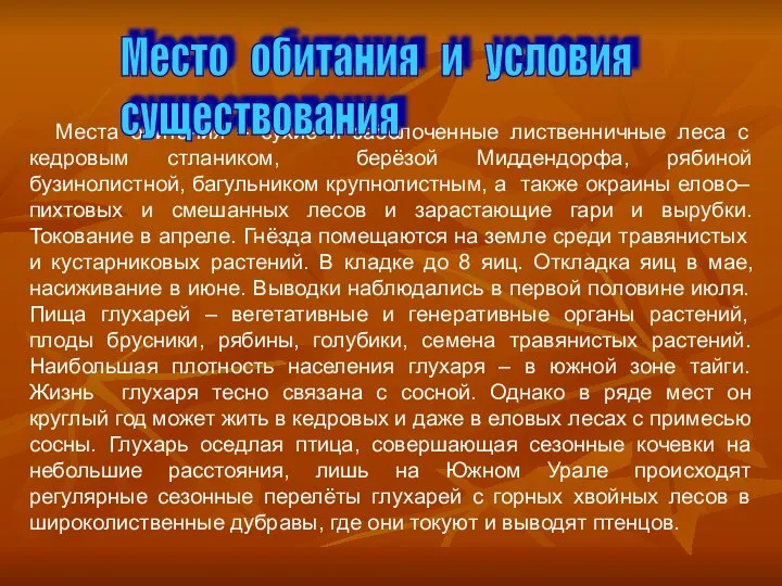 Места обитания – сухие и заболоченные лиственничные леса с кедровым стлаником,